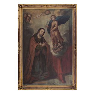 AN ANGEL SIGNALS ST. JOSEPH AS THE SPOUSE OF VIRGIN MARY. MEXICO, 17TH-18TH CENTURY. Oil on canvas.