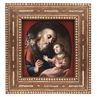 SAINT JOACHIM WITH MARY AS A CHILD. MEXICO, 18TH CENTUR.  Oil on canvas. Wooden frame with marquetry and horn details. 