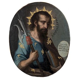SAINT MATTHEW. MEXICO, SIGLO 19TH CENTURY. Oil on canvas. With an inscription on the bottom of the image.
