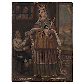 SANTA EDUVIGES. MEXICO, 18TH CENTURY. Oil on canvas. With an inscription on the bottom of the image. Signed (illegible) and dated on 1794. 
