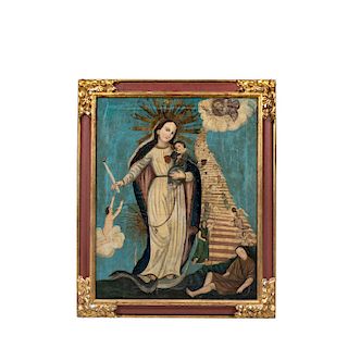 MADONNA AND CHILD WITH THE INFANT AND A CELESTIAL LANDSCAPE. MEXICO, BEGINNING OF THE 20TH CENTURY.. Oil on canvas mounted on wood. 