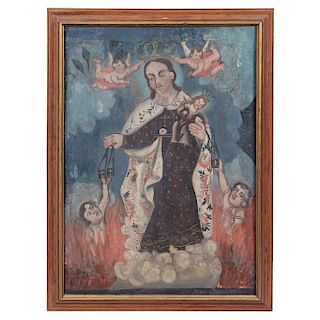 OUR LADY OF MOUNT CARMEL AND THE HOLY SOULS IN PURGATORY.  MEXICO, 20TH CENTURY.. Oil on canvas.