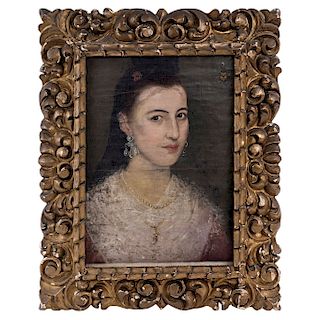 PORTRAIT OF A LADY. MEXICO, 19TH CENTURY. Oil on canvas. Signed on 1810. With shield and inscription.