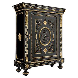 COMMODE. FRANCE, LATE 19TH CENTURY. Napoleon III Style. Ebonised wood commode with metalic details and marble cover. 