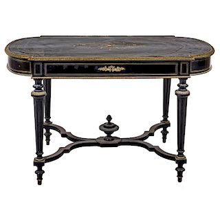 CENTER TABLE. FRANCE, CIRCA 1900. Napoleon III Style. Ebonised wood with brass, ivory and mother-of-pearl details. 