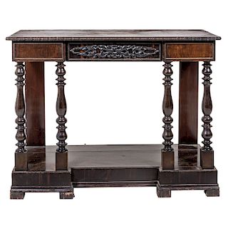 CONSOLE. BEGINNING OF THE 20TH CENTURY. Dutch Style. Carved wood console, Decorated with flower details. With a central drawer. Turned and block strec