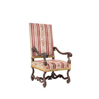 CHAIR. BEGINNING OF THE 20TH CENTURY. Louis XIII Style. Carved wood, padded back and seat with petit point pattern. 
