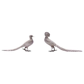 A PAIR OF PHEASANTS. MEXICO, 20TH CENTURY. Sterling 0.925 Silver. Brand: SANBORNS.  2 pieces.