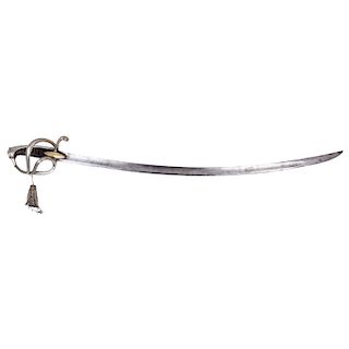 HUSSAR CAVALRY SABRE. 19TH CENTURY. Steel curved blade with floral details and shield inscripted. Horn-hilted.