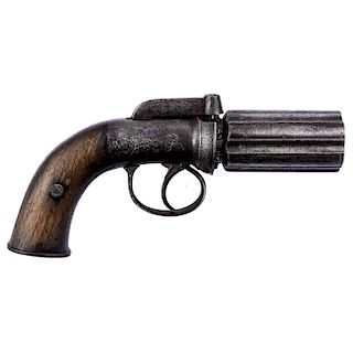 PEPPERBOX REVOLVER. BELGIUM, 19TH CENTURY. Iron with wooden details. Six-shot.