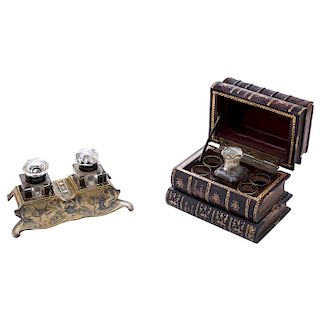 A LIQUOR BOX AND AN INKWELL. FRANCE, 19TH/20TH CENTURY. 1) A skin liquor box in the form of books with 4 glasses. . 2) An ART DECÓ inkwell.