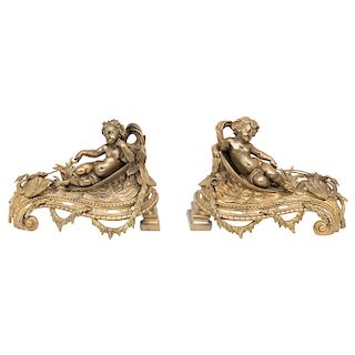 A PAIR OF CHENETS. FRANCE, 19TH CENTURY. EMPIRE style. Gilt-bronze. In the form of infants and swans.
