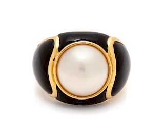 A 14 Karat Yellow Gold, Cultured Mabe Pearl and Enamel Ring,