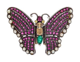 A Silver, Gemstone, Pearl and Diamond Butterfly Pendant/Brooch,