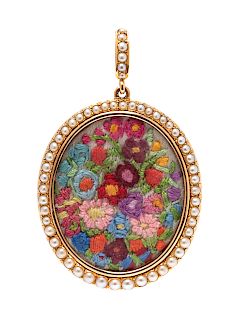 A Yellow Gold, Cultured Pearl and Embroidery Pendant,