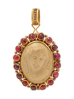 A Yellow Gold, Gemstone and Lava Cameo Pendant,