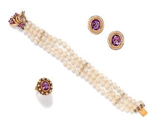 A Collection of Yellow Gold and Cultured Pearl Jewelry,