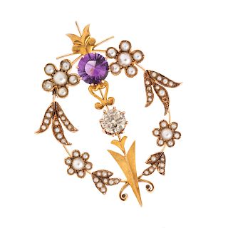An Antique Yellow Gold, Diamond, Amethyst and Seed Pearl Brooch,