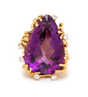 A Yellow Gold, Amethyst and Diamond Ring,