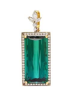 An 18 Karat Bicolor Gold, Green Tourmaline and Diamond Pendant,