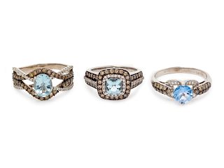 A Collection of 14 Karat White Gold, Gemstone, Diamond and Colored Diamond Rings, Levian,