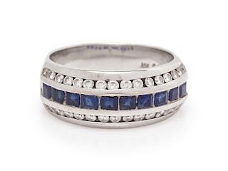 A 14 Karat White Gold, Sapphire and Diamond Ring,