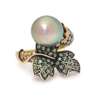 An 18 Karat Yellow Gold, Silver, Cultured Pearl, Diamond and Green Sapphire Ring, Adler,
