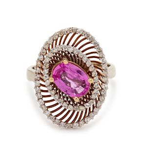 A 14 Karat Bicolor Gold, Pink Sapphire and Diamond Ring,