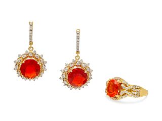 A Collection of Yellow Gold, Fire Opal and Diamond Jewelry,