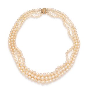 A 14 Karat Yellow Gold and Cultured Pearl Necklace,