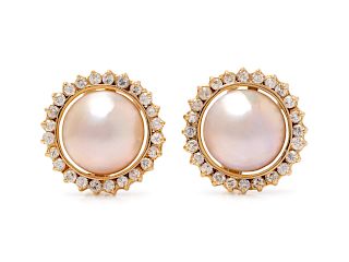 A Pair of Yellow Gold, Mabe Pearl and Diamond Earrings,