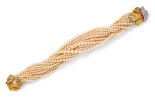 A Bicolor Gold, Cultured Pearl and Diamond Torsade Bracelet,