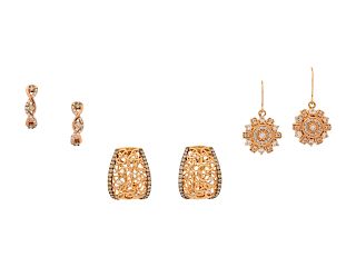 A Collection of 14 Karat Rose Gold, Diamond and Colored Diamond Earrings,