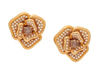 A Pair of 18 Karat Rose Gold, Colored Diamond and Diamond Flower Motif Earclips, Le Vian,