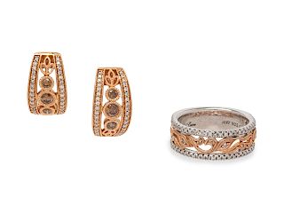 A Collection of 14 Karat Rose Gold, Sterling Silver, Colored Diamond and Diamond Jewelry,