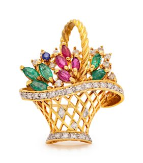 An 18 Karat Yellow Gold, Diamond and Multigem Basket Brooch,