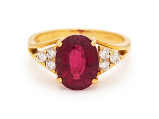 An 18 Karat Yellow Gold Rubelite Tourmaline and Diamond Ring,