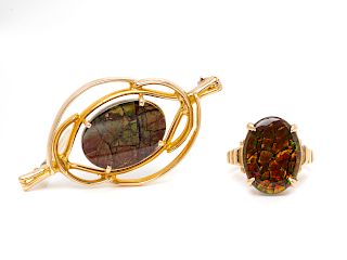 A Collection of 14 Karat Yellow Gold and Ammolite Triplet Jewelry,