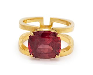 An 18 Karat Yellow Gold and Reddish Orange Sapphire Ring,