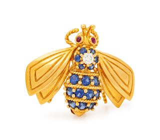 An 18 Karat Yellow Gold, Diamond, Sapphire and Ruby Bee Brooch, Tiffany & Co,