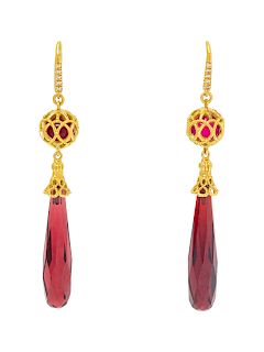 A Pair of 18 Karat Yellow Gold, Diamond and Garnet Earrings, Cynthia Bach,