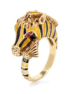A 14 Karat Yellow Gold, Ruby and Enamel Zebra Ring, Martine,