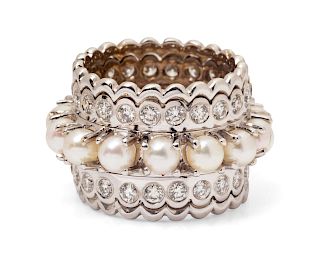 An 18 Karat White Gold, Cultured Pearl and Diamond Ring, Zolotas,