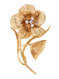 An 18 Karat Yellow Gold and Diamond Flower Brooch, Cartier,