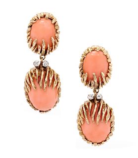 A Pair of 14 Karat Yellow Gold, Coral and Diamond Earclips,