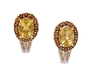 A Pair of 14 Karat Yellow Gold, Gemstone and Diamond Earrings,