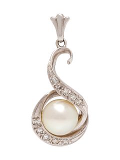 A White Gold, Cultured Pearl and Diamond Pendant,