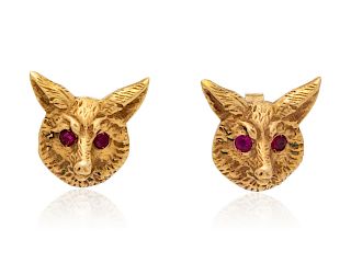 A Pair of Antique 14 Karat Yellow Gold and Ruby Fox Motif Earrings, J.E. Caldwell & Co.,