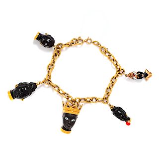 An 18 Karat Yellow Gold, Ebony and Enamel Blackamoor Charm Bracelet, Italian,