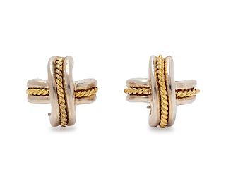 A Pair of Sterling Silver and 18 Karat Yellow Gold 'X' Earclips, Tiffany & Co., Circa 1990,